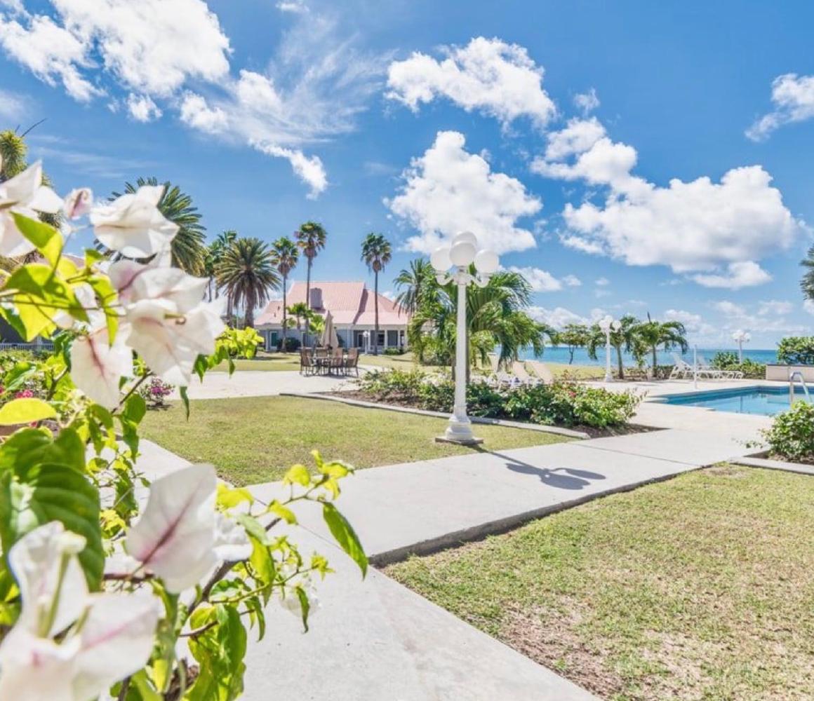 Tropische tuin met zwembad en strand bij de kliniek in Antigua