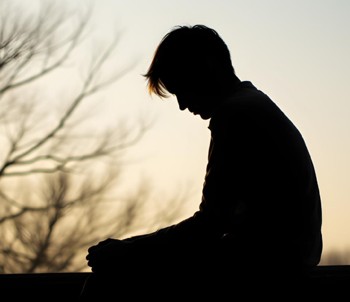 Silhouet van een jongeman die met gebogen hoofd zit