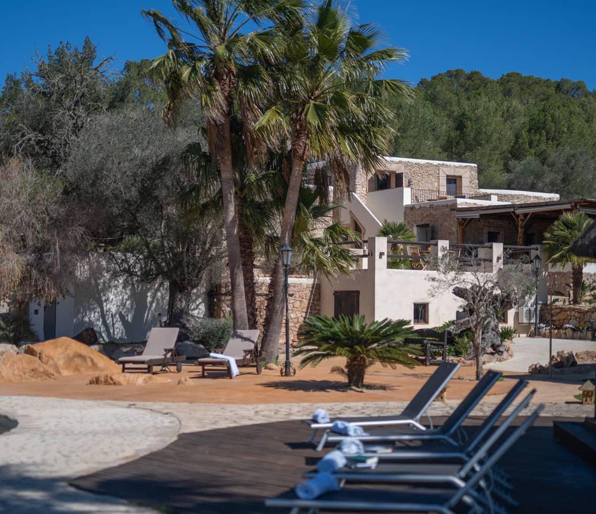Ligstoelen en palmbomen bij het zwembad van Ibiza Calm