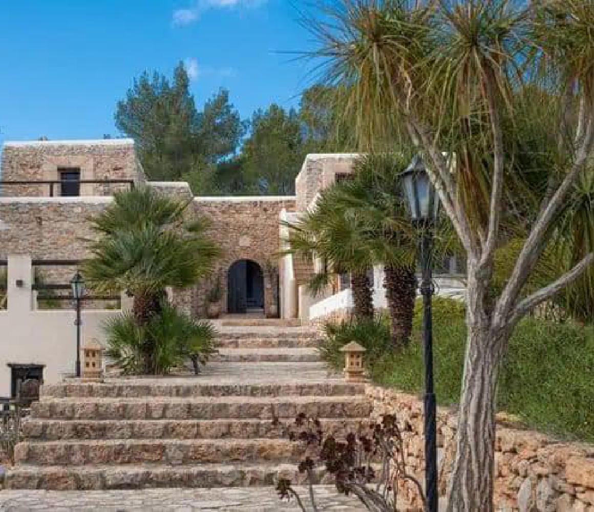 Traditionele Ibicenco finca met palmbomen, de locatie van de kliniek op Ibiza