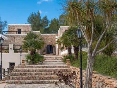 Traditionele Ibicenco finca met palmbomen, de locatie van de kliniek op Ibiza