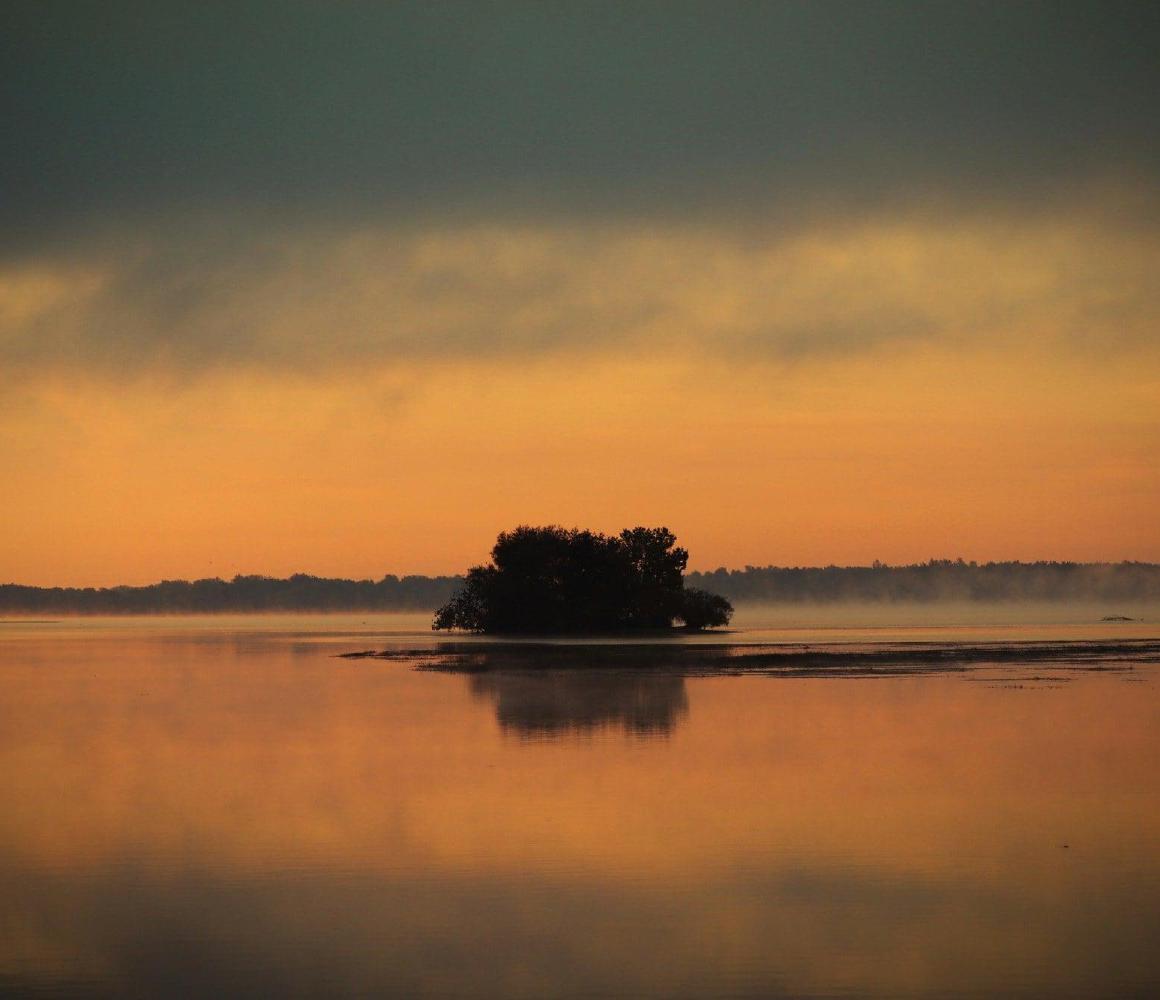 Eilandje met bomen in een stil meer bij een oranje zonsopkomst